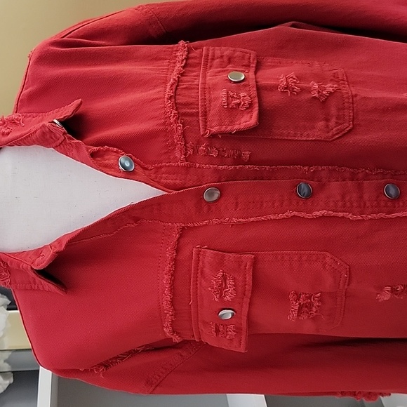 Red Shacket Distressed Long Sleeve Layering Top - Picture 6 of 7